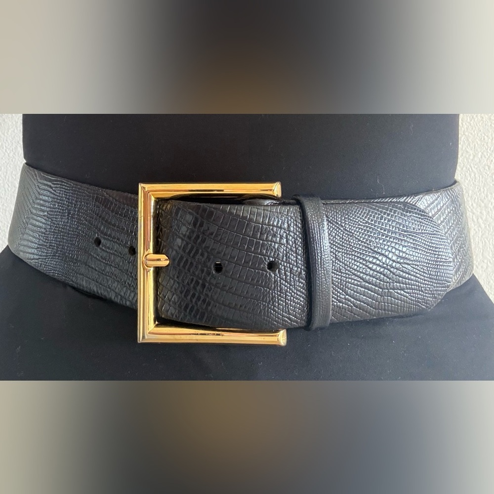 Vintage Lizard Leather Belt Black Gold Buckle Curved Waist Ralph Lauren Style - Picture 2 of 11
